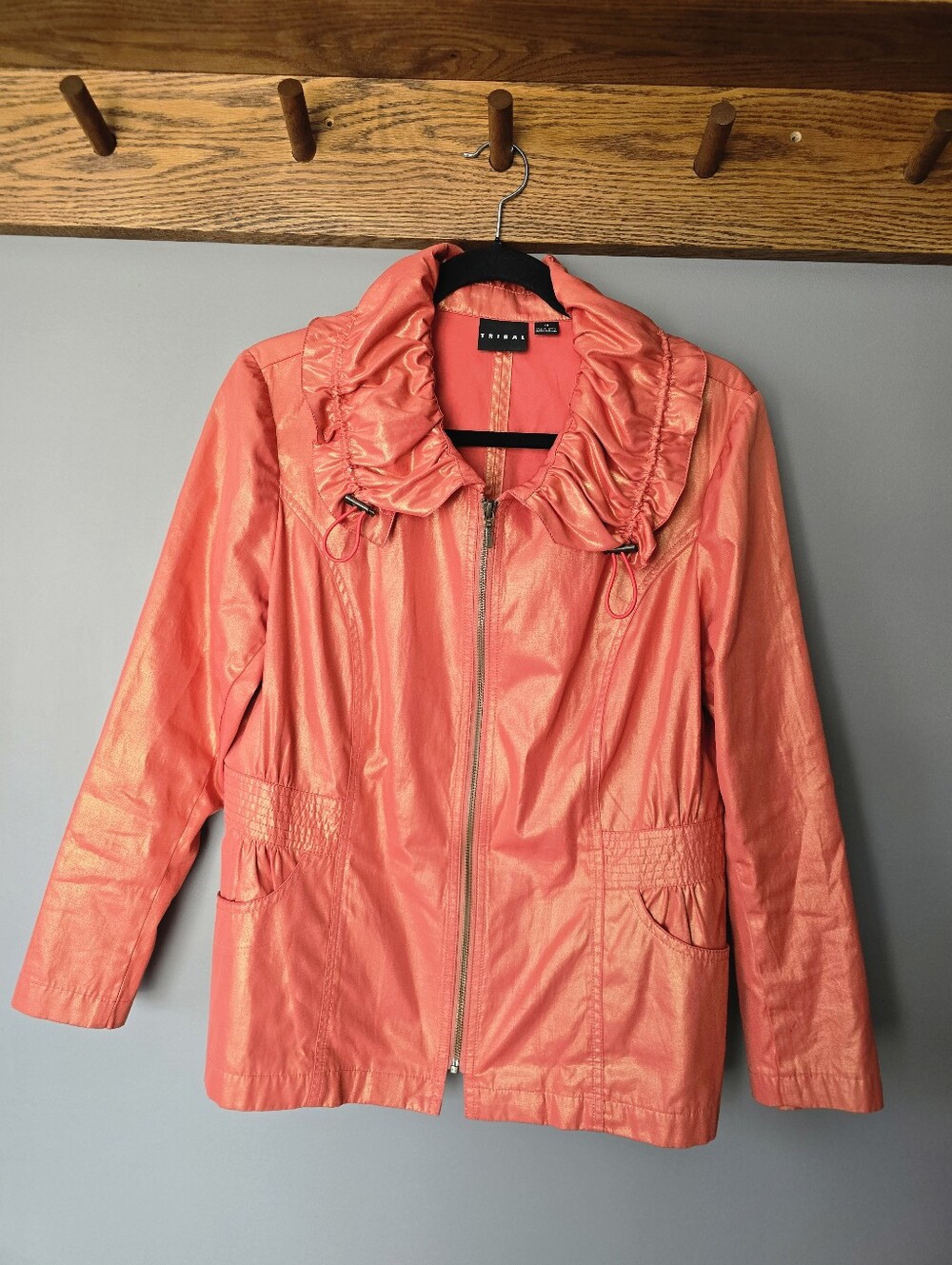 Tribal Orange Shimmer Ruffle Cinch Collar Zip Jacket. Metallic Size 10